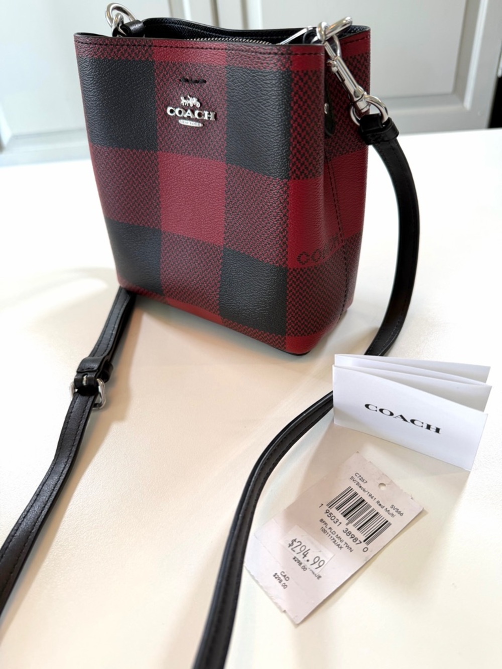 Coach C7267 Buffalo Plaid Mini Bucket Bag Purse Red Black Crossbody NWT Leather